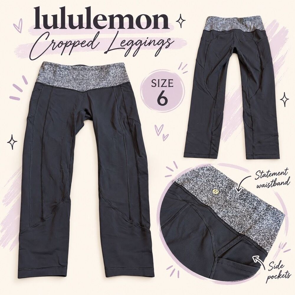 Lululemon Size 6 Black Crop Leggings Speckled Waistband Side Pockets